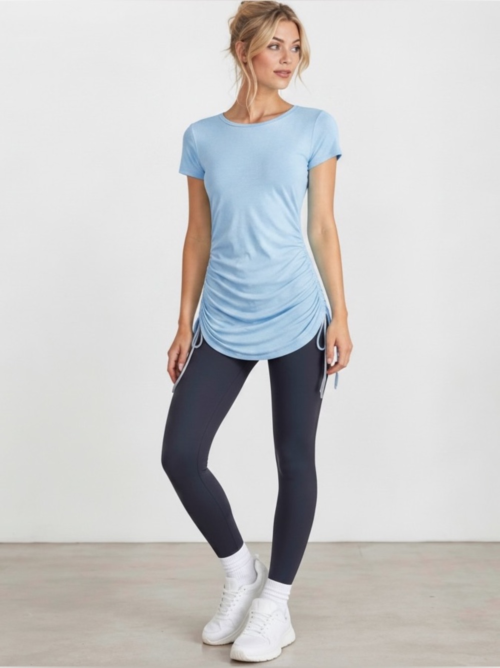 NWTS Foxy Jeans Heather blue longer length tee with side shirring. Sz Medium